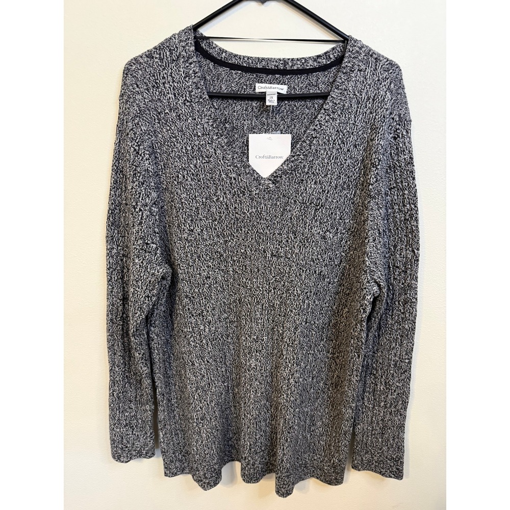 Croft & Barrow Sweater Womens 2X Black White NWT V-Neck Marled Knit Cotton